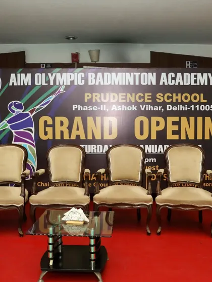 The official banner from our grand opening. We are the Aim Olympic Badminton Academy, located at Prudence School in Ashok Vihar, Delhi, and we are committed to developing future champions.