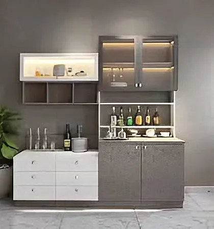 We created this compact and stylish bar or crockery unit in a modern two-tone finish. The design includes a backlit glass cabinet for display, open shelves, and a combination of drawers and cabinets for versatile storage.