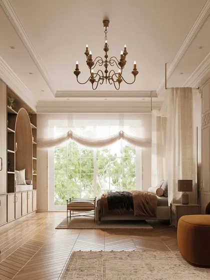 A panoramic view of the bedroom with the custom study wall. The design seamlessly integrates work, relaxation, and sleep into one harmonious and beautifully appointed space.