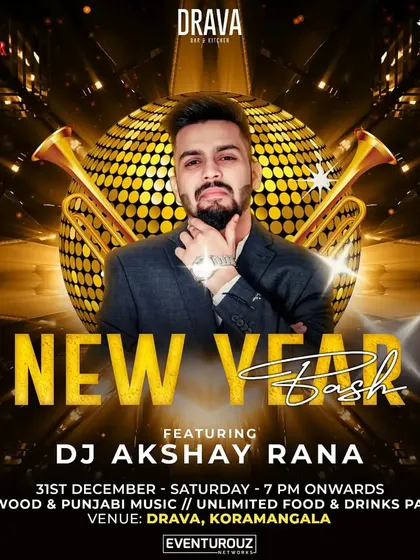 A poster for the New Year Bash at Drava, Koramangala. I provided the Bollywood and Punjabi soundtrack for an unforgettable night with unlimited food and drinks.
