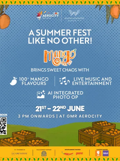A poster for Mango Fest 2.0, a summer fest like no other. With 100 mango flavours, live music, and an AI photo op, it's an event designed for sweet chaos and fun.