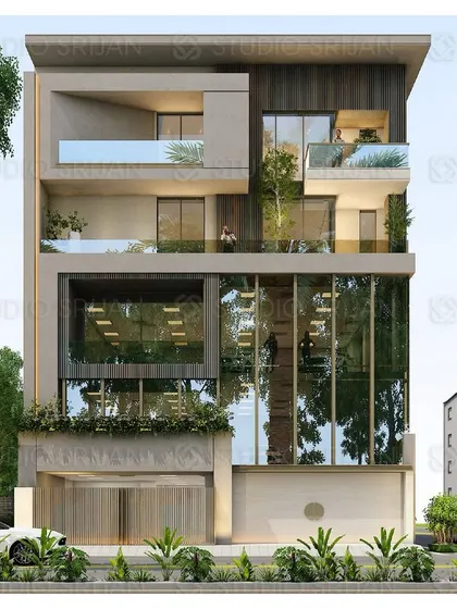 A residential project in Naraina Vihar on a 381 sq. yard plot. This design features extensive use of glass and cantilevered balconies to create a light, airy, and ultra-modern home.