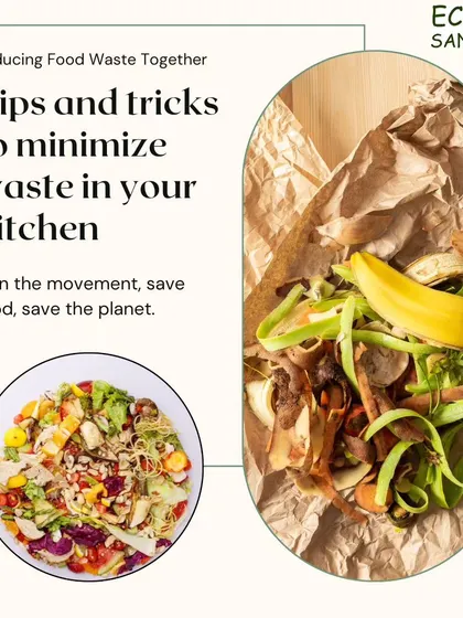 This image offers tips and tricks to minimize food waste in your kitchen. From using peels and scraps to composting leftovers, every small action helps save food and save the planet.