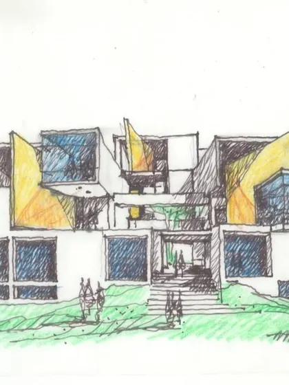 An early facade concept for the VIT School of Architecture, exploring a composition of projecting boxes and angled planes to create a dynamic and expressive exterior.