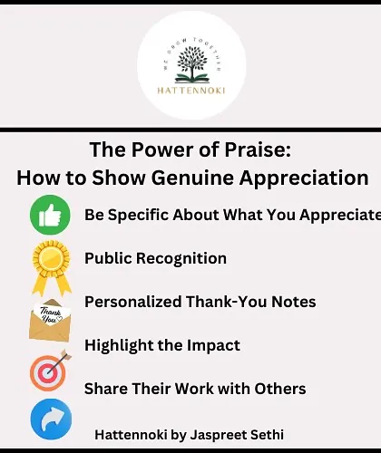 An infographic on 'The Power of Praise,' offering specific ways to show genuine appreciation. This was inspired by my son's heartfelt thank-you note, showing that praise is a learned and powerful skill.