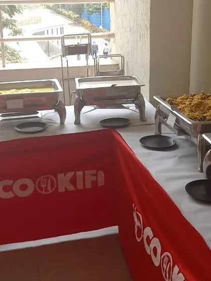 A simple yet elegant setup for a corporate lunch, showcasing our branded table runners and professional equipment.