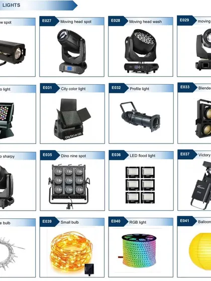 A selection of our special effects and dynamic lighting. We have moving head spots, sharpys, strobe lights, and follow spots to add drama and energy to any performance or launch.