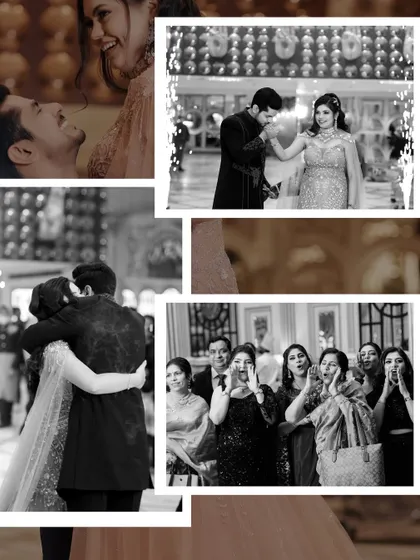 A collage of candid moments from an engagement, showing the groom's proposal and the happy reactions of family.