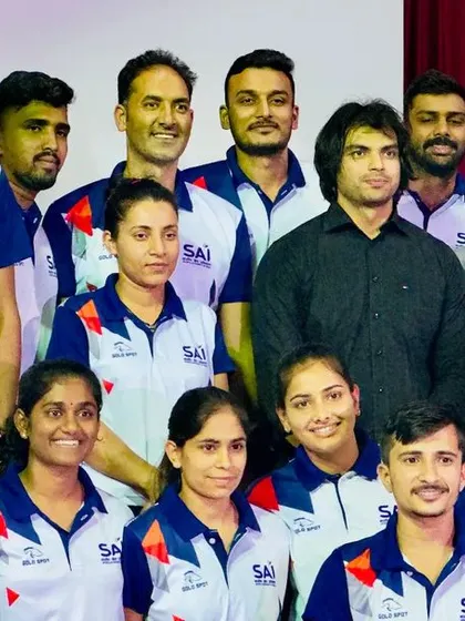 A group photo with Olympic Gold Medalist Neeraj Chopra at SAI Bangalore. His journey is a massive inspiration for every athlete in India.