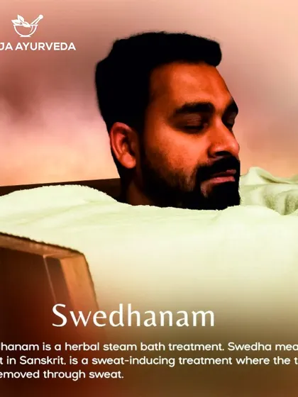 This is Swedhanam, a herbal steam bath treatment. The name comes from 'Swedha', the Sanskrit word for sweat, as this therapy helps eliminate toxins through perspiration.