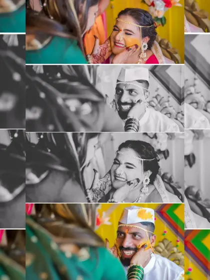 A collage of black and white images from a Haldi ceremony, highlighting the raw emotions and playful moments of the event.