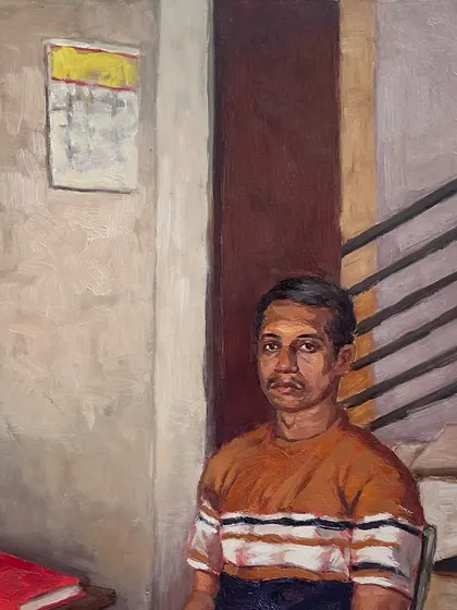 A closer look at the painting "Solitude," focusing on the subject's expression and the simple, quiet setting.