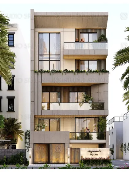 A direct front view of the Shiv Nagar residence, highlighting the clean lines and the balance between open and solid sections of the facade.