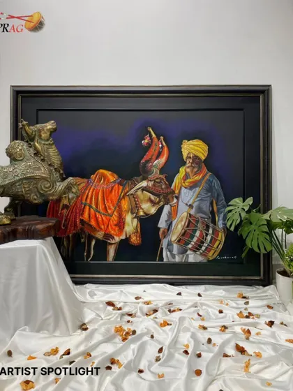 An artist spotlight on Parshuram Patil, whose hyper-realistic work captures a traditional drummer with his decorated bull, a scene rich in cultural detail.