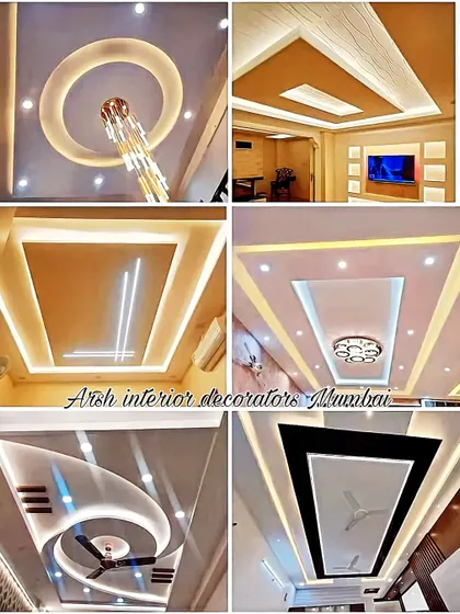 A collection of gypsum false ceiling designs for living rooms, featuring elegant chandeliers, fans, and clean, modern lines.