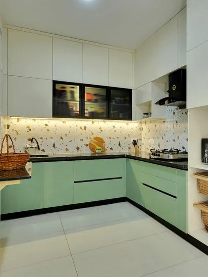 This kitchen includes smart storage solutions like open shelving and wicker baskets for easy access to everyday items.