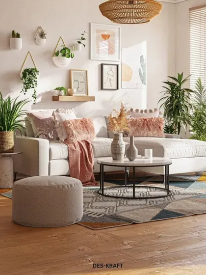 A bright, bohemian-inspired living room filled with plants, natural textures, and soft pink accents, demonstrating how to make a space feel lively and spacious.
