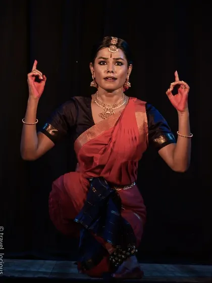 The dancer's hands forming a mudra, a key element of storytelling in Indian classical dance.
