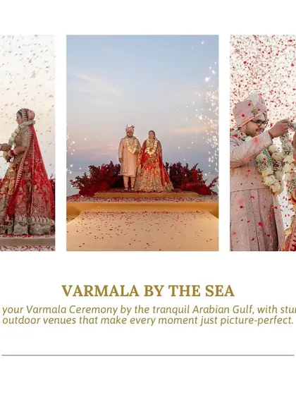 A varmala ceremony by the tranquil Arabian Gulf in Bahrain. We find stunning outdoor venues that make every moment of your destination wedding picture-perfect.