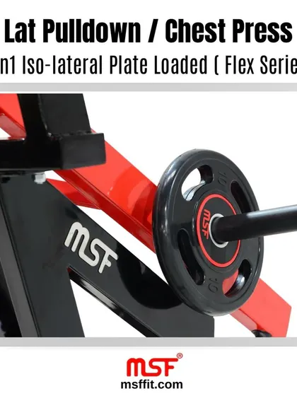A close-up of the plate-loaded arm of the 2-in-1 Lat Pulldown/Chest Press, showing our branding and build quality.