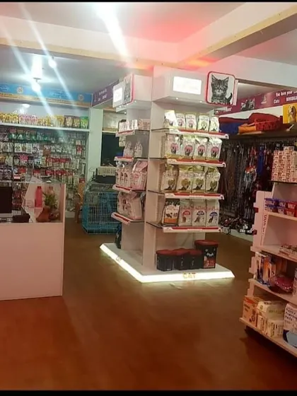 A view from our checkout counter, showing the central display for cat food and accessories. We keep our stores brightly lit and easy to navigate.