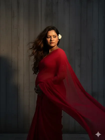 A more dramatic shot from my maternity shoot, with the flowing red saree against a textured wall.