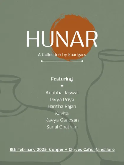 This poster for our Hunar pop-up lists the talented artists featured in the collection. Each artist brings their unique style and story to the event, creating a diverse and exciting showcase of ceramic art.