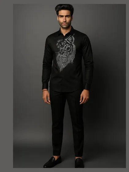 A framed full-length view of the lion shirt, highlighting its status as a statement piece within a complete, polished outfit.