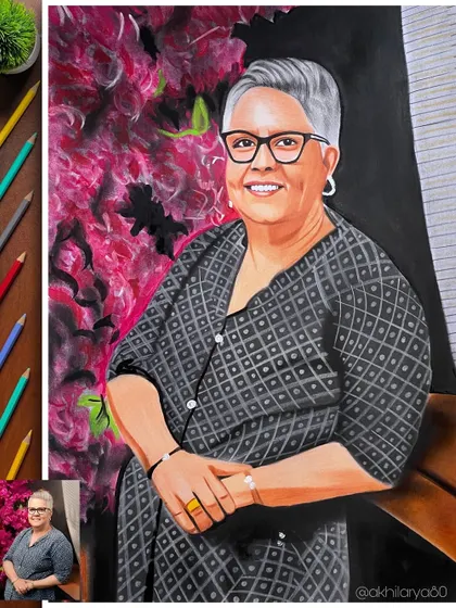 This A3 colored pencil portrait has a wonderful, artistic background that makes the subject stand out. The texture and colors create a really unique piece.
