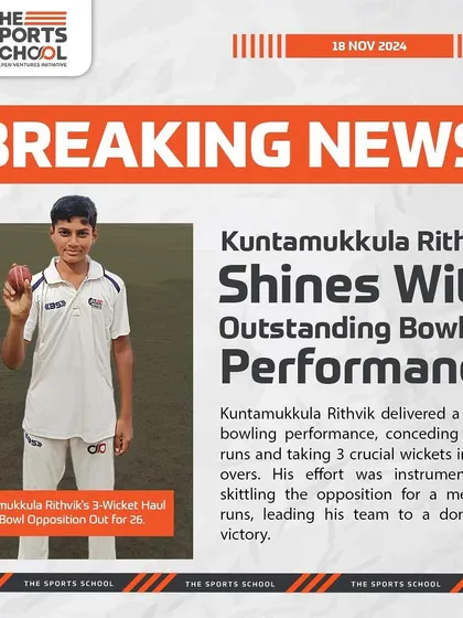Kuntamukkula Rithvik's outstanding bowling performance, taking 3 wickets for just 5 runs, led the team to a dominant victory.