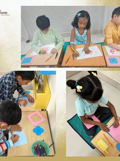 A collage of our little artists at work, using stencils and crayons to create their masterpieces.
