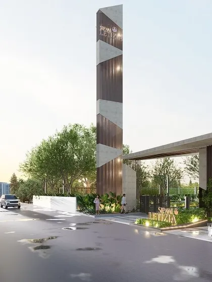 The entrance to Letizia Park, designed to be a landmark in its urban context next to the metro rail. The minimalist tower and clean lines of the gate are softened by surrounding trees and plantings, creating a modern yet natural entry point.