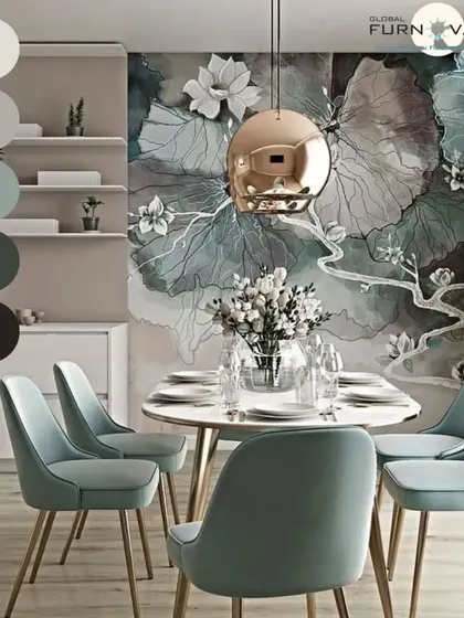 A coastal-inspired dining room design featuring soft blue chairs and a stunning floral wall mural. The metallic pendant light adds a touch of modern glamour to the serene setting.