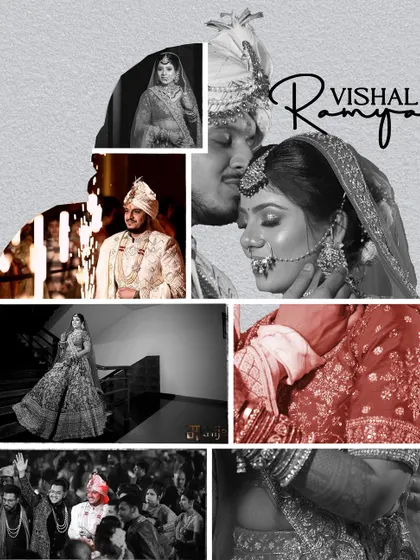 This wedding day collage combines various moments into one story. It features the couple's portrait, the groom's entry, candid crowd reactions, and intimate close-ups, giving a full picture of the day.