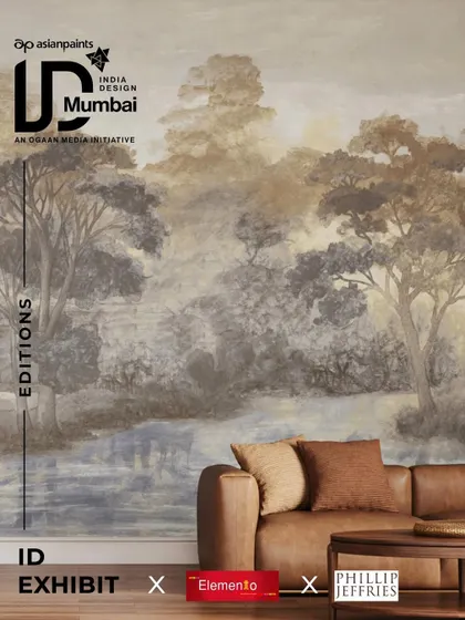 A promotional graphic for our Phillip Jeffries showcase at India Design. The image features a serene, painterly landscape mural, perfectly capturing the brand's sophisticated and artistic approach to wallcovering design.