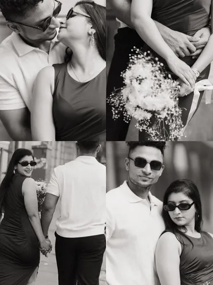 A collection of four black and white portraits from Alicia and Jeff's pre-wedding shoot. It shows a variety of poses, from walking hand-in-hand to a cool, posed shot, all with a classic, edgy feel.