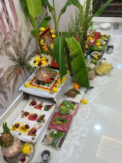The beautiful and traditional setup for the Vastu Shanti puja at the Navle residence. I can help arrange these ceremonies to ensure your new home starts with divine blessings.