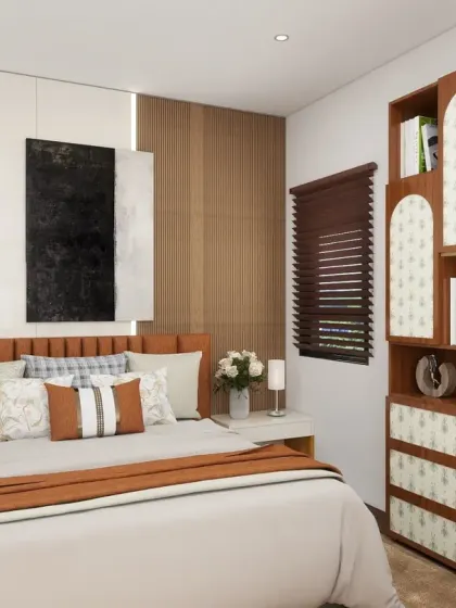 A bedroom design that combines warm wood tones with a modern art piece and elegant lighting, creating a cozy yet stylish retreat.