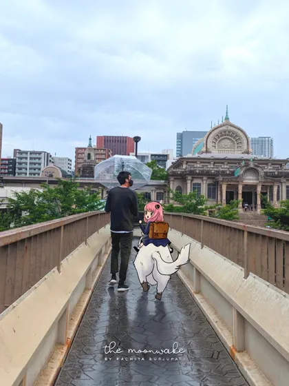 Strolling across a bridge in Japan with some special company, Anya and Bond from 'Spy x Family'. This is a fun example of my photo illustration work.