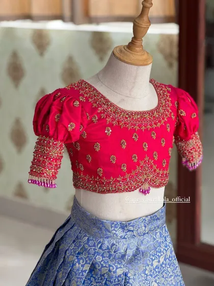 Another close-up of the pink blouse, showing the detailed embroidery on the neckline and sleeves.