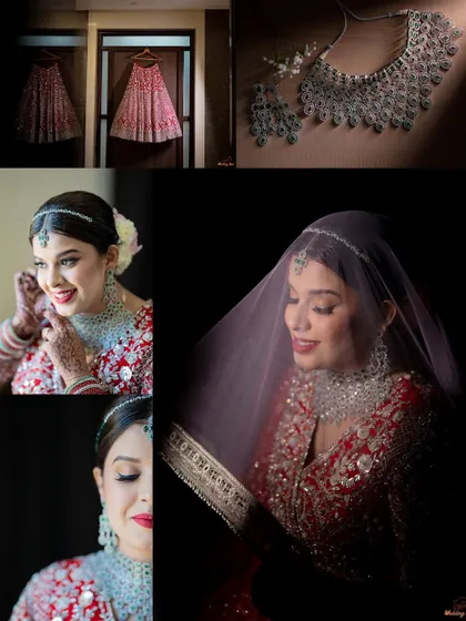 A collage of the bride's getting-ready moments, focusing on her stunning diamond jewelry and the details of her red lehenga.