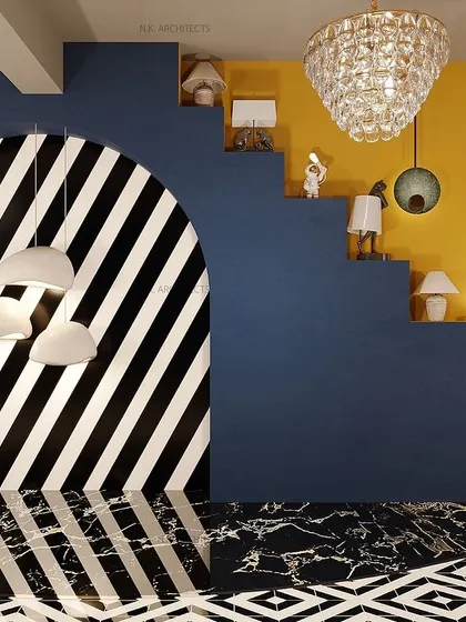 A bold and playful design for a light showroom. We used a vibrant yellow and blue color scheme, black and white stripes, and a unique stepped display for lamps to create a memorable experience.