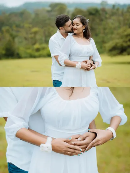 A close-up of a couple's hands and a tender embrace during their pre-wedding shoot. These small details often convey the deepest emotions.