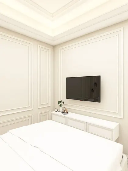 A 3D render of a master bedroom with a classic, all-white theme. The wall mouldings, floating nightstands, and a simple TV setup create a timeless and elegant look.
