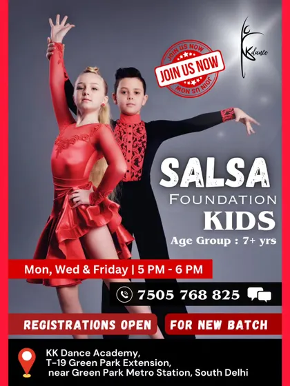 We also offer something unique with our Kids Salsa Foundation course. This poster gives you a peek into our special batch designed for kids aged 7 and up, where they can learn the basics of Latin dance in a structured and exciting way.