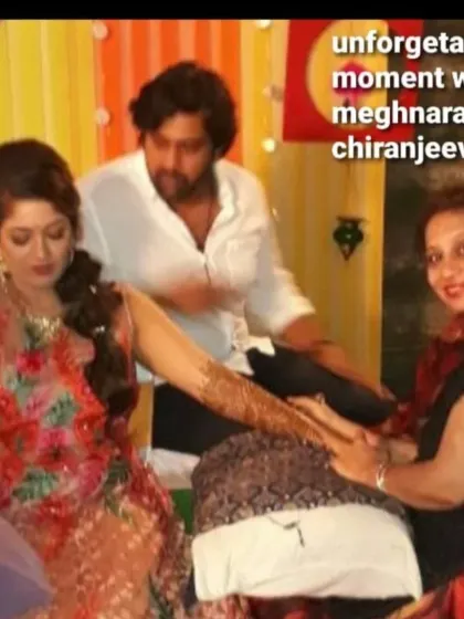 I had the honor of doing the bridal henna for the wonderful actress Meghnaraj for her wedding to Chiranjeevi Sarja. It was an unforgettable moment, and I put all my love into creating a design that was perfect for her special day.