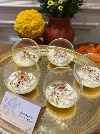 A beautiful dessert from the Ganesh Chaturthi celebration we catered for Virat and Anushka. This Ras Malai Tres Leches was a sweet highlight of the festive menu.