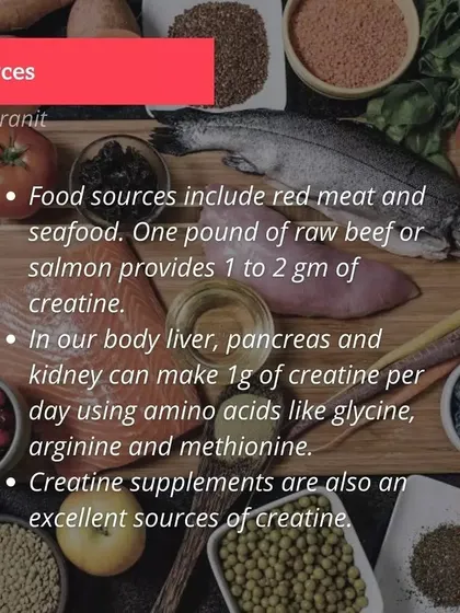 This visual shows natural food sources of creatine, such as fish and red meat, alongside other healthy foods that support a training diet.