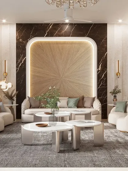 Another view of the serene living room 3D render, highlighting the blend of textures and the one-of-a-kind light fixtures that enhance the ambiance.