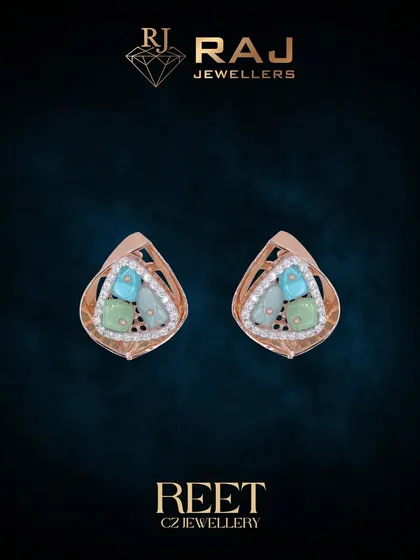 A pair of modern stud earrings from our Reet collection. The design features a mix of soft-hued colored stones and brilliant CZs set in a contemporary rose gold frame.